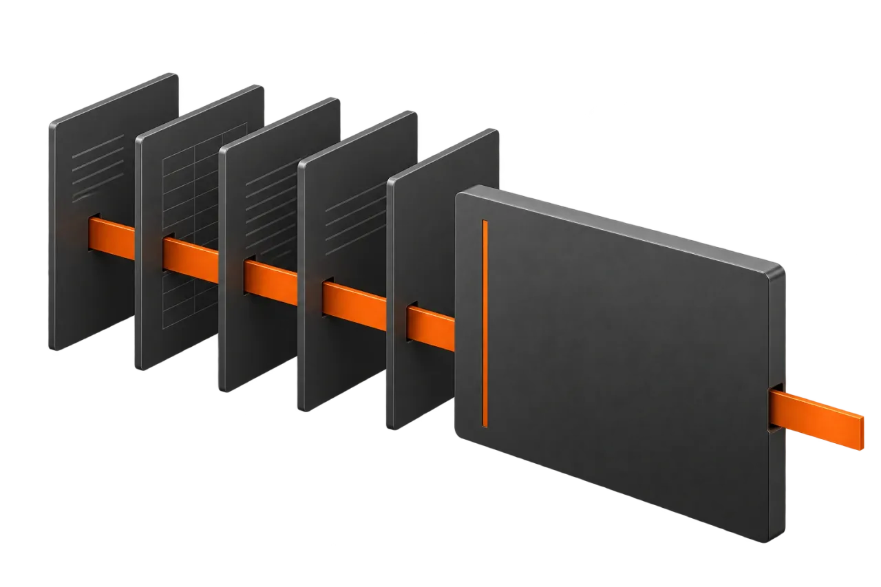 A row of institutional documents threaded by one orange rail into a single interface panel.
