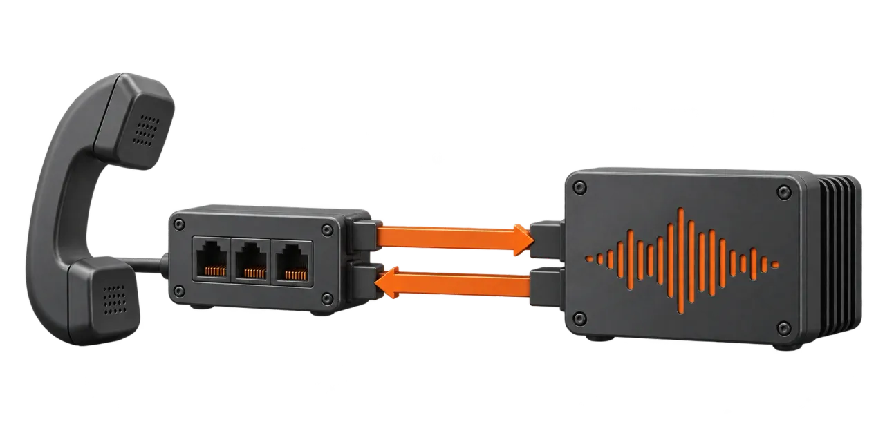 A telephone handset connected through a line interface to a voice processing unit.