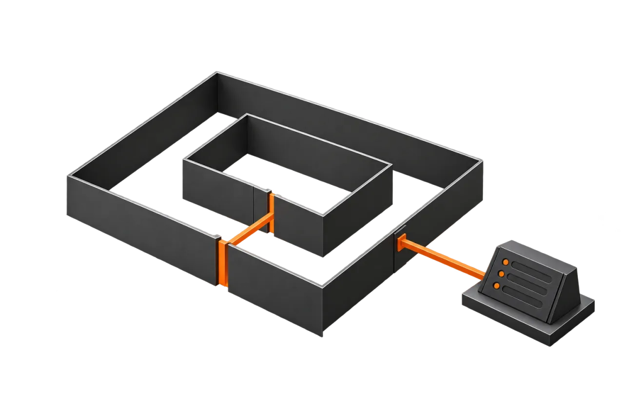 Layered permission boundaries connected to an oversight record.